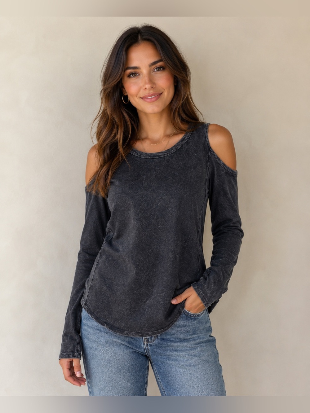 Braeve Washed Black Cold Shoulder Long Sleeve Top